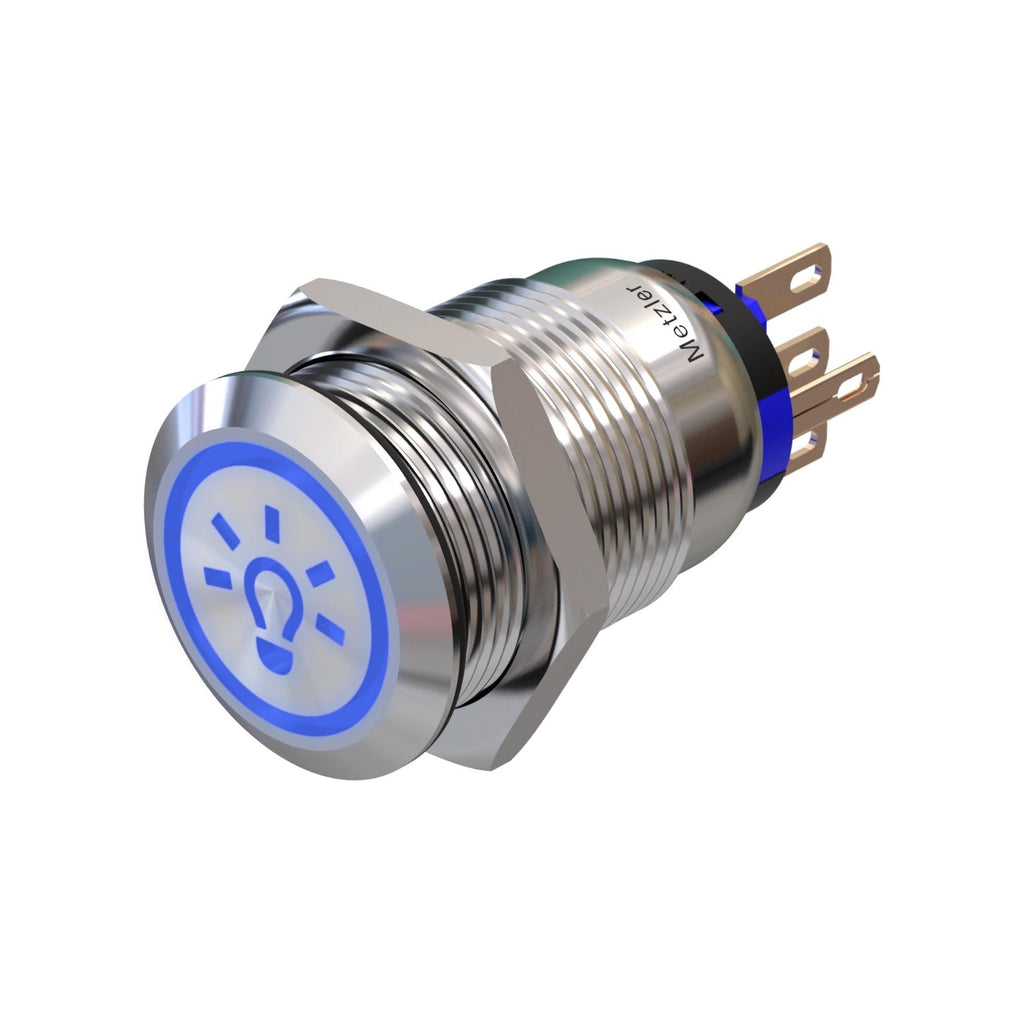 Metzler - Druckschalter 19mm - LED Symbol Licht 230 V Blau - IP67 IK10 - Edelstahl - Flach - Lötkontakte