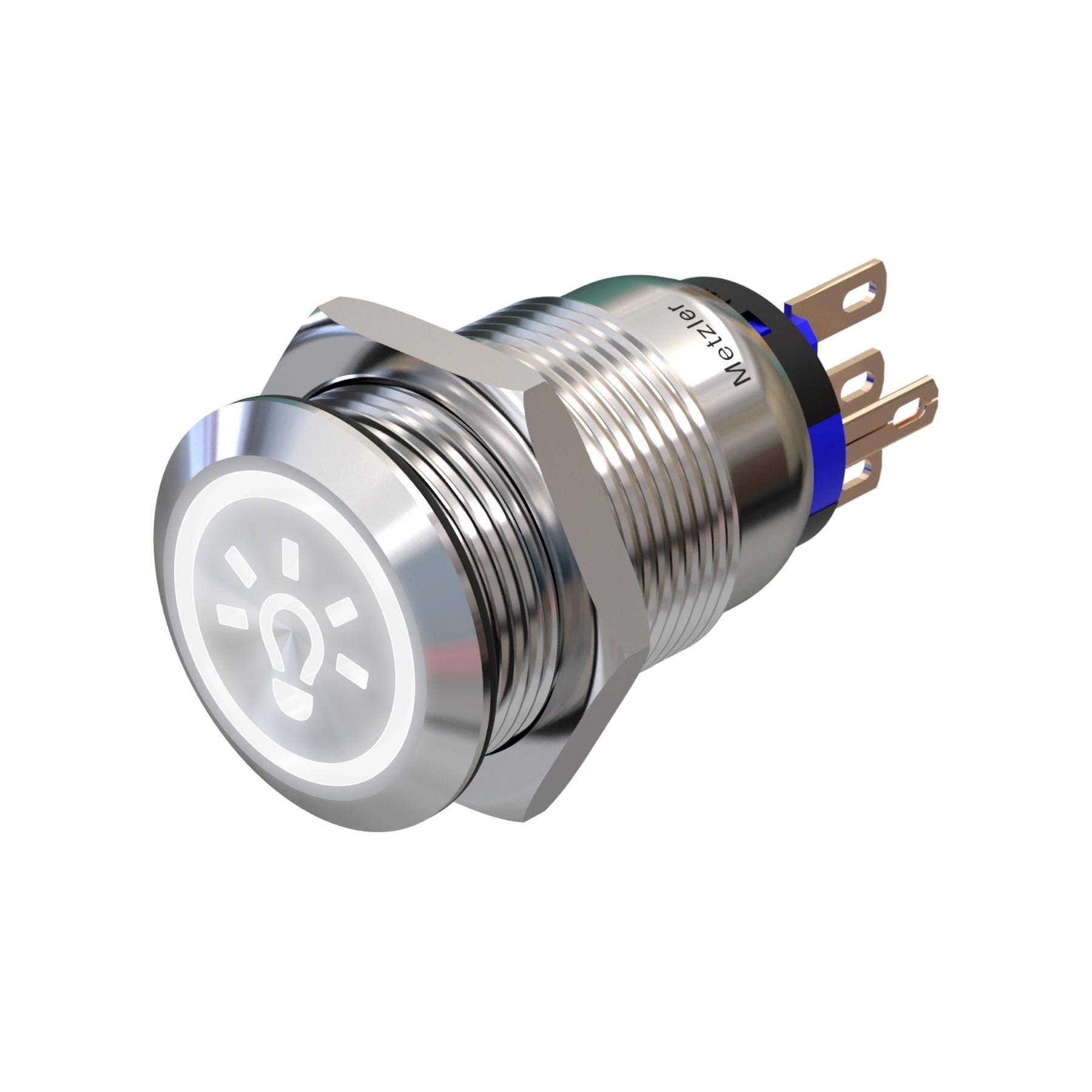 Metzler - Druckschalter 19mm - LED Symbol Licht 230 V Weiß - IP67 IK10 - Edelstahl - Flach - Lötkontakte