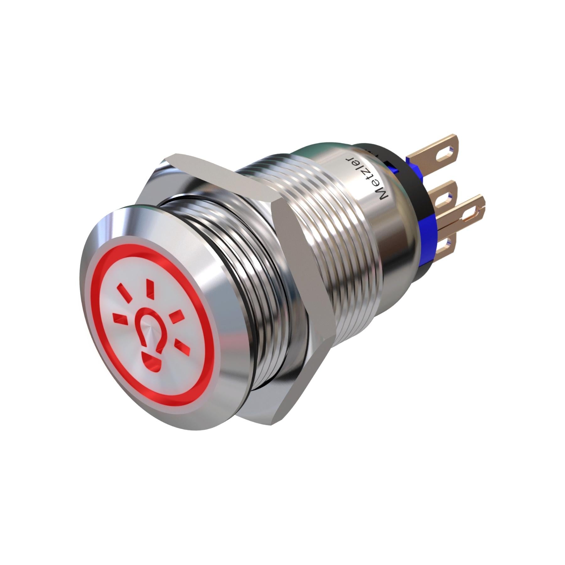 Metzler - Druckschalter 19mm - LED Symbol Licht 230 V Rot - IP67 IK10 - Edelstahl - Flach - Lötkontakte