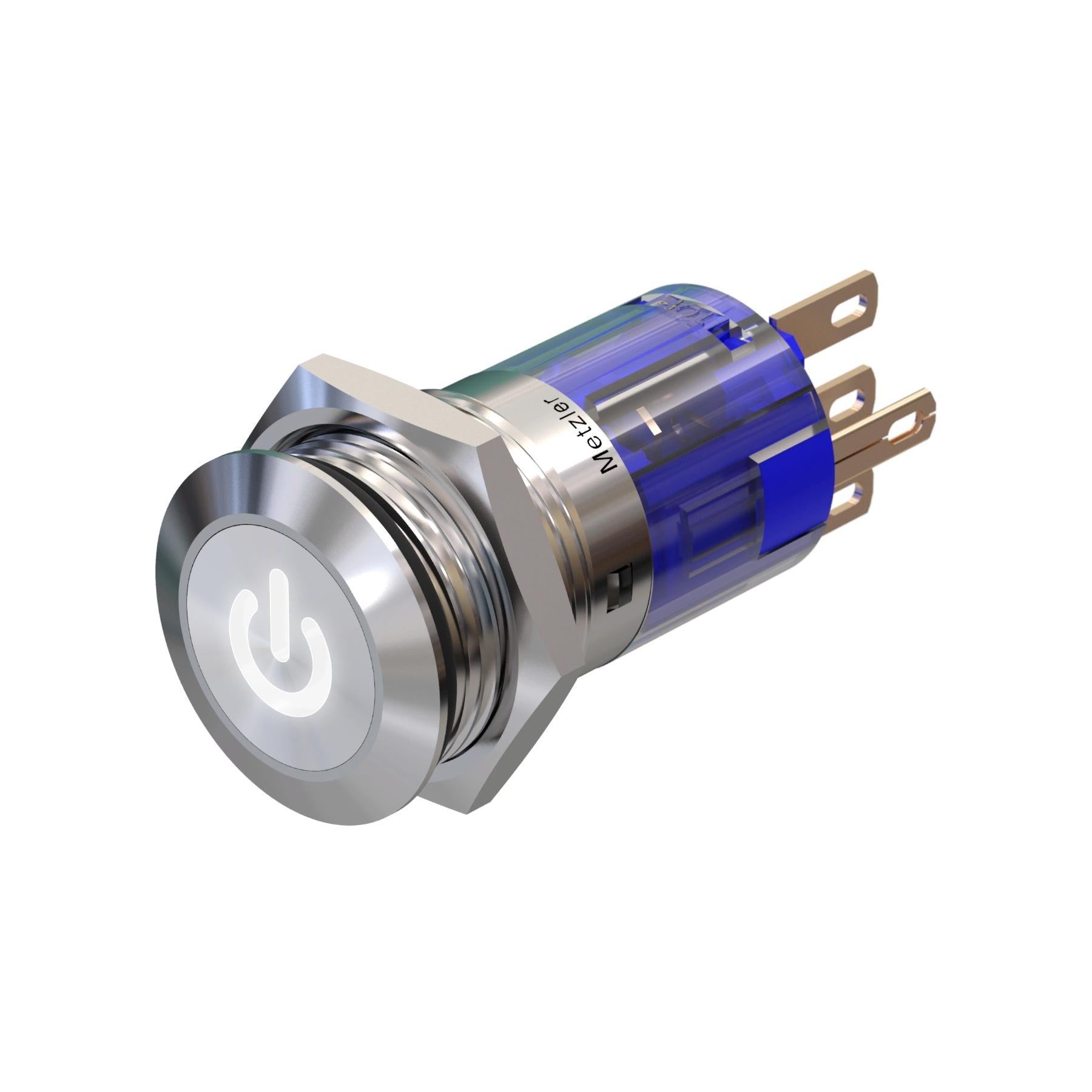 Metzler - Drucktaster 16mm - LED Symbol Power Weiß - IP67 IK10 - Edelstahl - Flach - Lötkontakte