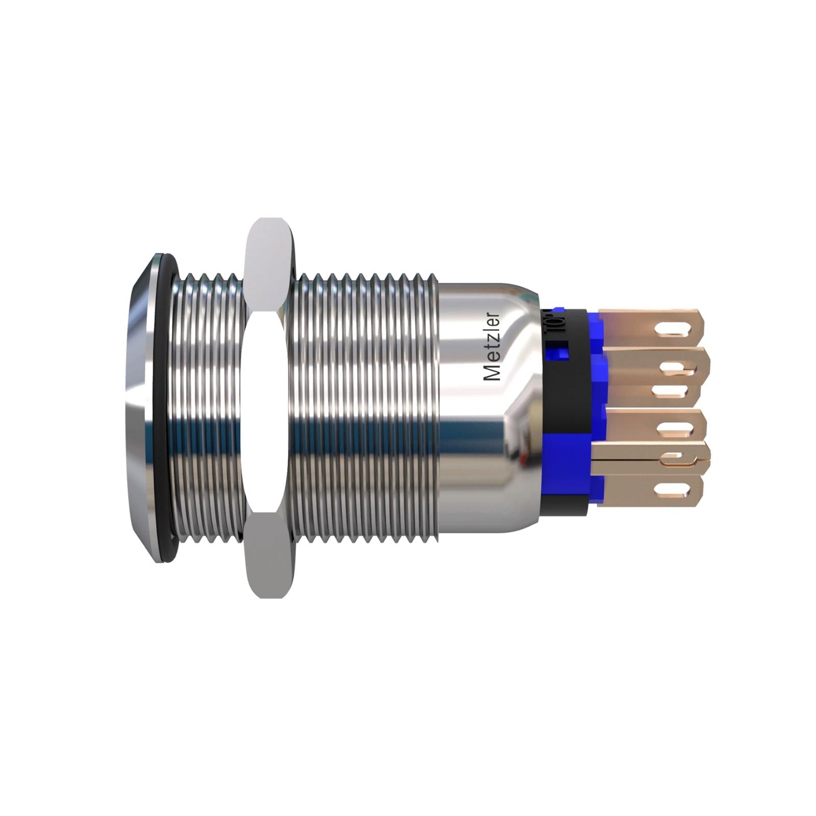 Metzler - Drucktaster 19mm - LED Ringbeleuchtung Blau - IP67 IK10 - Edelstahl - 2-polig - Flach - Lötkontakte