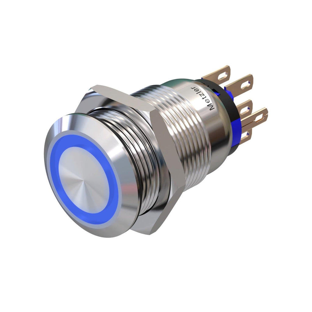 Metzler - Drucktaster 19mm - LED Ringbeleuchtung Blau - IP67 IK10 - Edelstahl - 2-polig - Flach - Lötkontakte