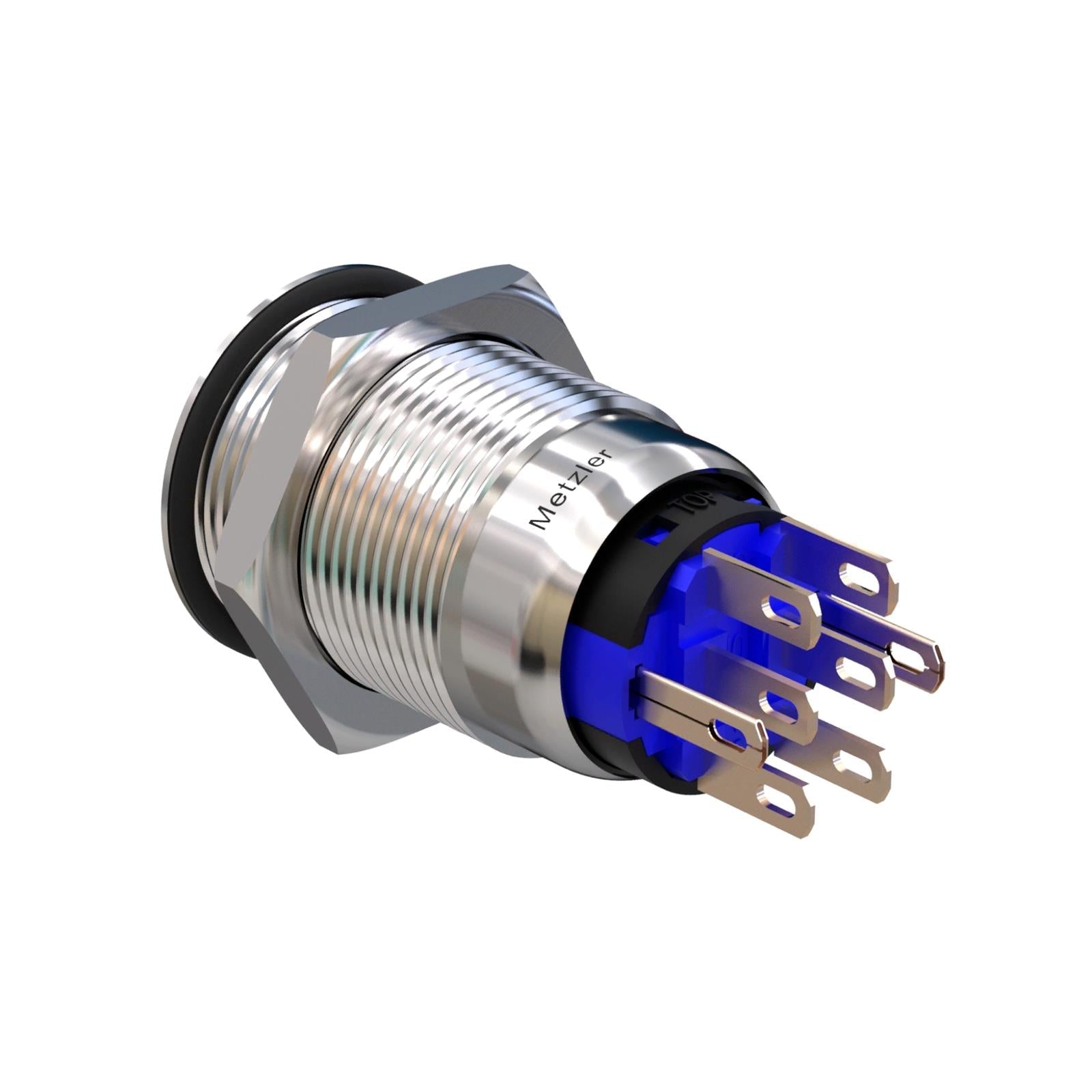 Metzler - Drucktaster 19mm - LED Ringbeleuchtung Blau - IP67 IK10 - Edelstahl - 2-polig - Flach - Lötkontakte