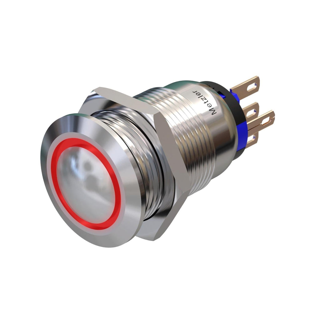 Metzler - Drucktaster 19mm - LED Ringbeleuchtung Rot - IP67 IK10 - Edelstahl - Gewölbt - Lötkontakte