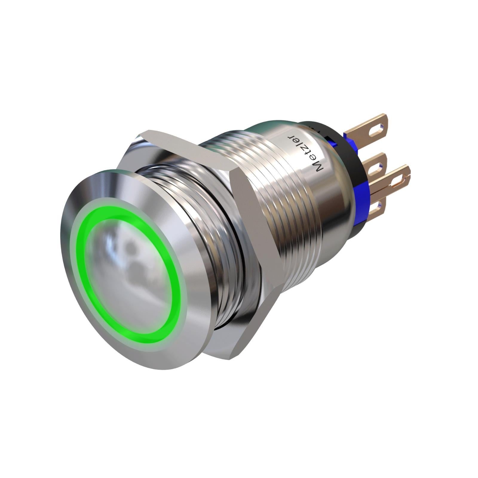 Metzler - Drucktaster 19mm - LED Ringbeleuchtung Grün - IP67 IK10 - Edelstahl - Gewölbt - Lötkontakte