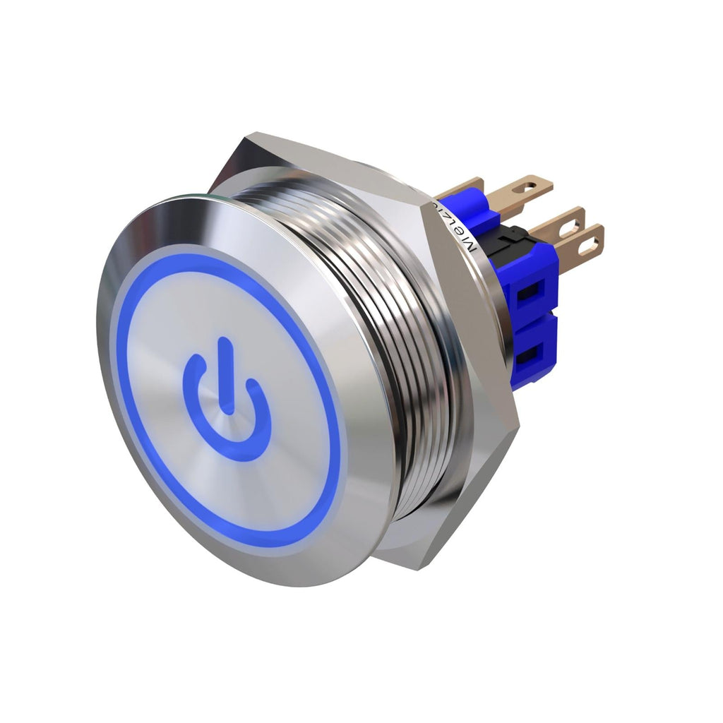 Metzler - Drucktaster 30mm - LED Symbol Power Blau - IP67 IK10 - Edelstahl - Flach - Lötkontakte