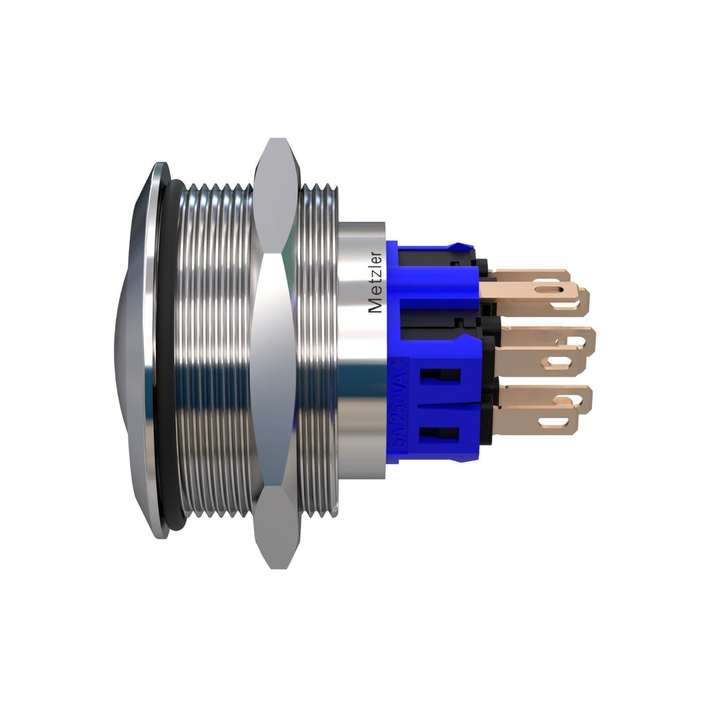 Metzler - Drucktaster 30mm - LED Ringbeleuchtung Weiß - IP67 IK10 - Edelstahl - 2-polig - Gewölbt - Lötkontakte