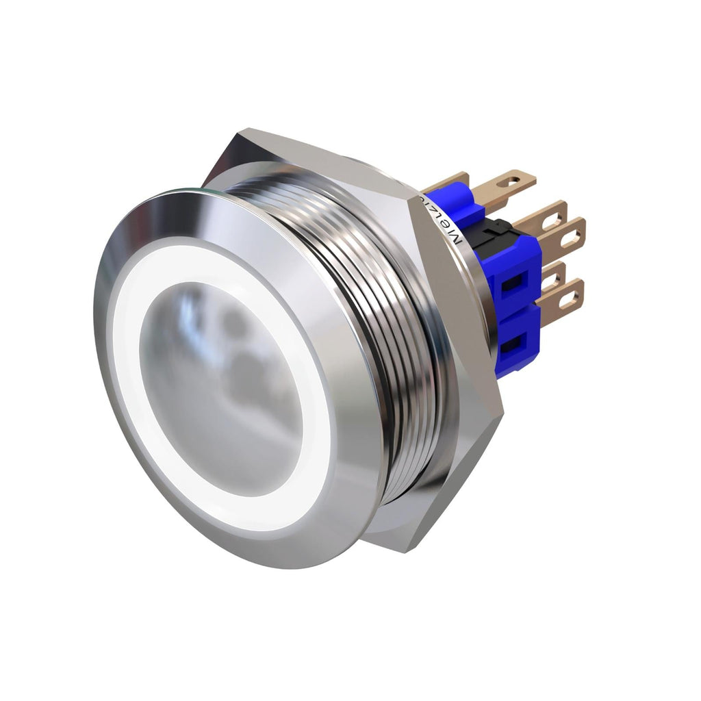 Metzler - Drucktaster 30mm - LED Ringbeleuchtung Weiß - IP67 IK10 - Edelstahl - 2-polig - Gewölbt - Lötkontakte