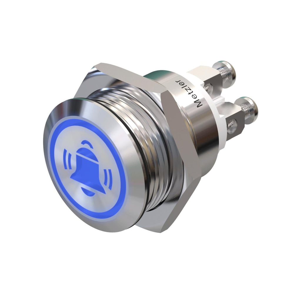 Metzler - Drucktaster 19mm - LED Symbol Glocke Blau - IP67 IK10 - Edelstahl - Flach - Schraubkontakte