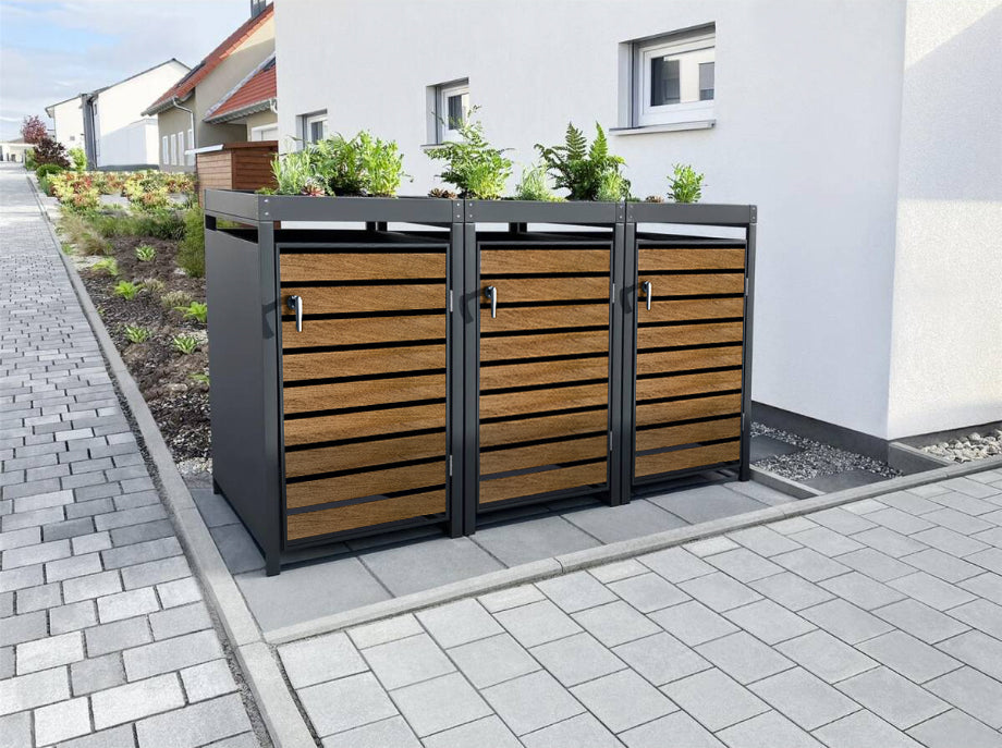 Metzler Mülltonnenbox mit Pflanzdach | 3er | 240l | in Holzoptik | Anthrazit RAL 7016 | aus Stahl | rostfrei & massiv | Türgriff mit Schloss