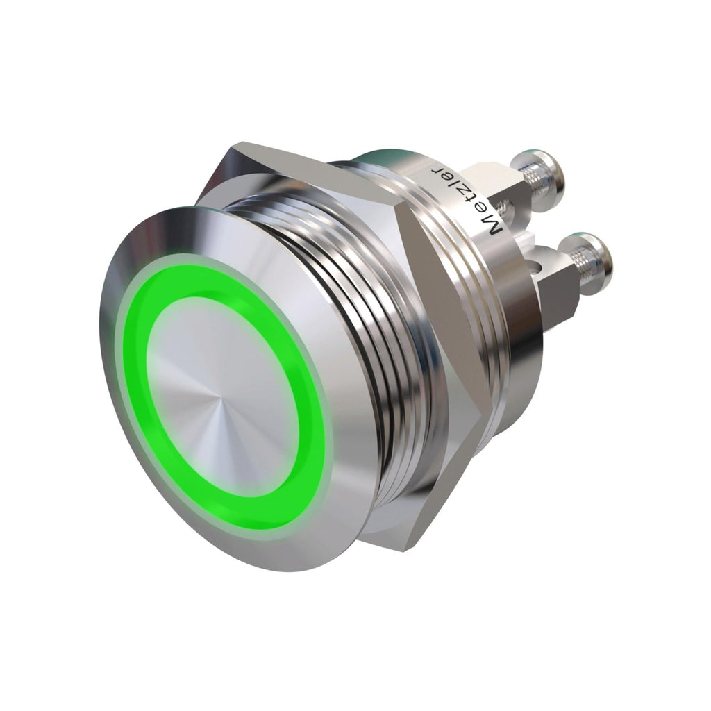 Metzler - Drucktaster 22mm - LED Ringbeleuchtung Grün - IP67 IK10 - Edelstahl - Flach - Schraubkontakte