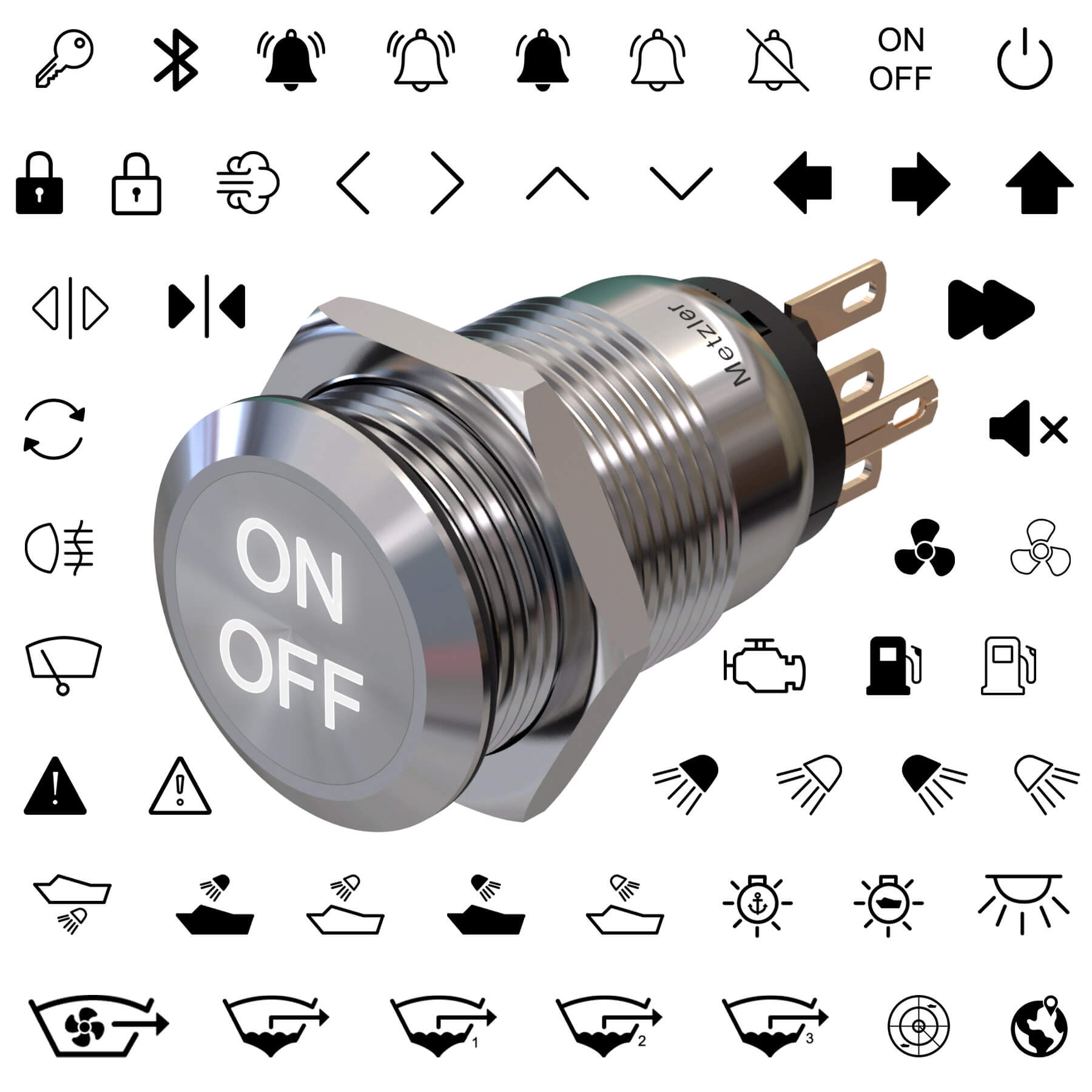 Metzler - Druckschalter 19mm mit Wunschgravur - LED Symbolbeleuchtung Weiß - IP67 IK10 - Edelstahl - Flach - Lötkontakte