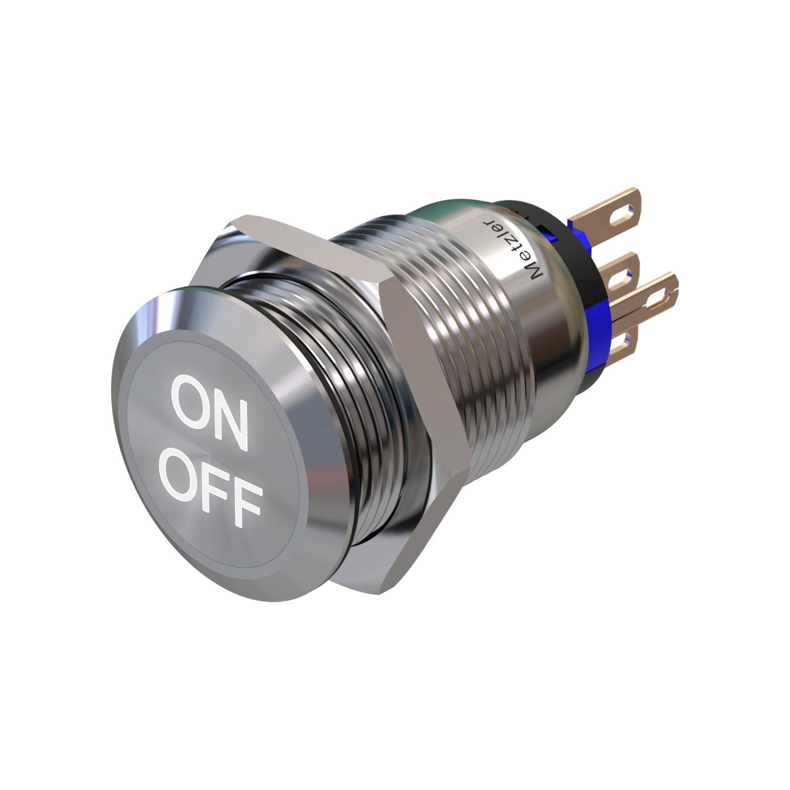 Metzler - Druckschalter 19mm mit Wunschgravur - LED Symbolbeleuchtung Weiß - IP67 IK10 - Edelstahl - Flach - Lötkontakte