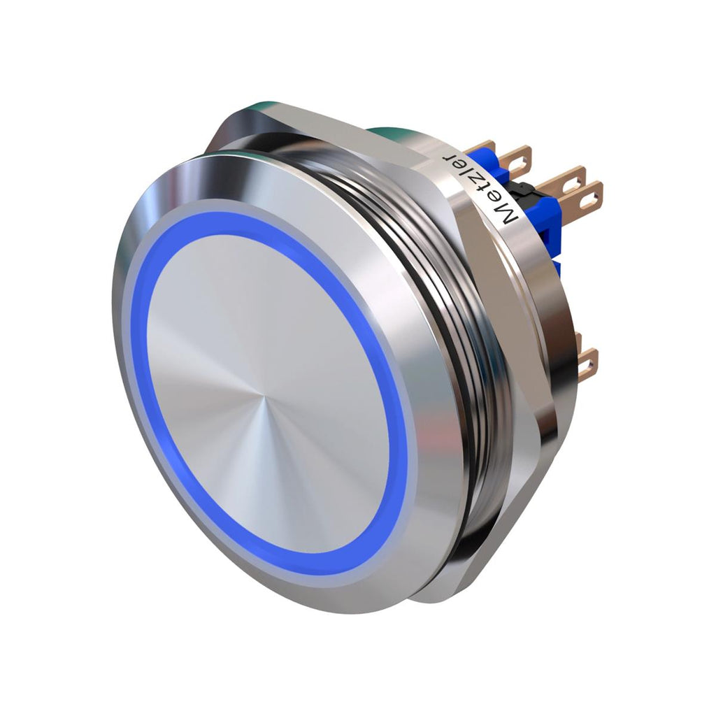 Metzler - Drucktaster 40mm - LED Ringbeleuchtung Blau - IP67 IK10 - Edelstahl - 2-polig - Flach - Lötkontakte