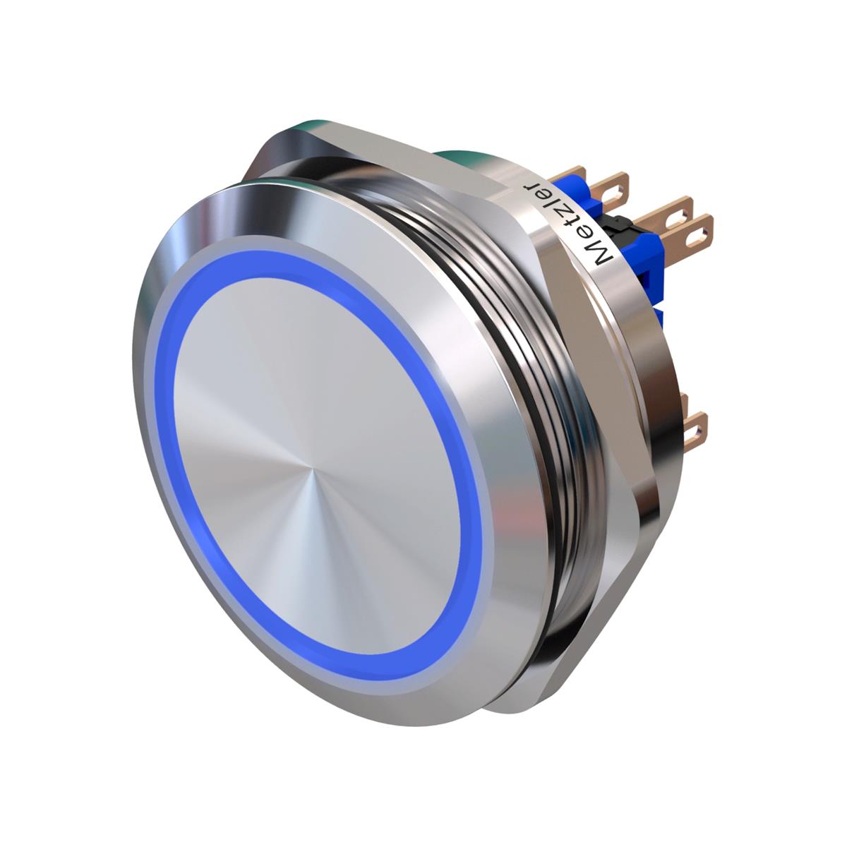 Metzler - Drucktaster 40mm - LED Ringbeleuchtung Blau - IP67 IK10 - Edelstahl - 2-polig - Flach - Lötkontakte