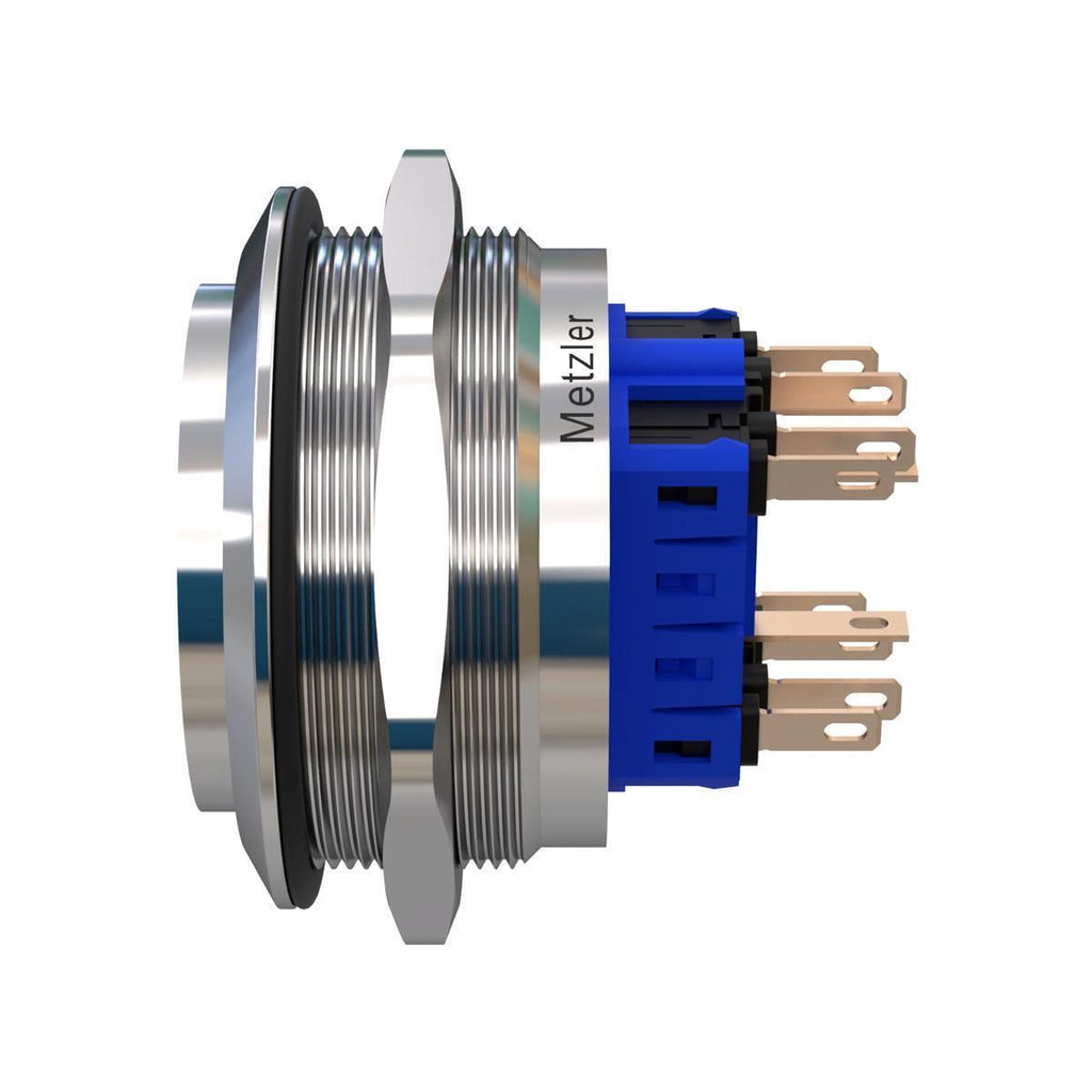Metzler - Drucktaster 40mm - LED Ringbeleuchtung Blau - IP67 IK10 - Edelstahl - 2-polig - Hervorstehend - Lötkontakte