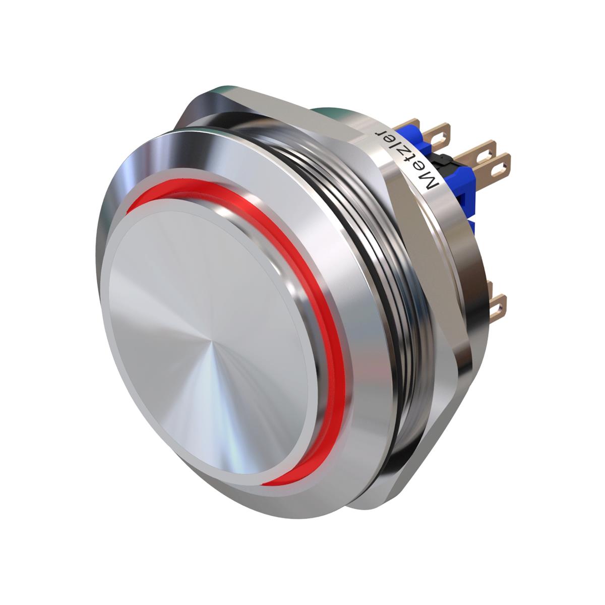 Metzler - Drucktaster 40mm - LED Ringbeleuchtung Rot - IP67 IK10 - Edelstahl - 2-polig - Hervorstehend - Lötkontakte