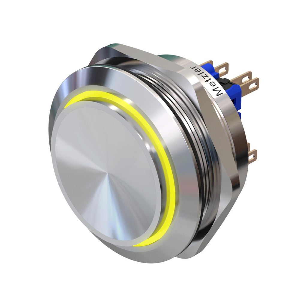 Metzler - Drucktaster 40mm - LED Ringbeleuchtung Gelb - IP67 IK10 - Edelstahl - 2-polig - Hervorstehend - Lötkontakte