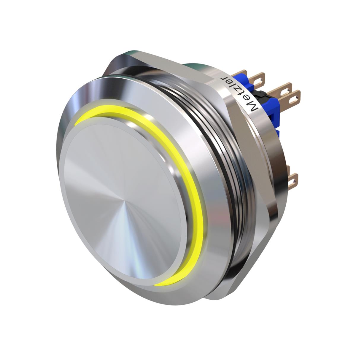 Metzler - Drucktaster 40mm - LED Ringbeleuchtung Gelb - IP67 IK10 - Edelstahl - 2-polig - Hervorstehend - Lötkontakte