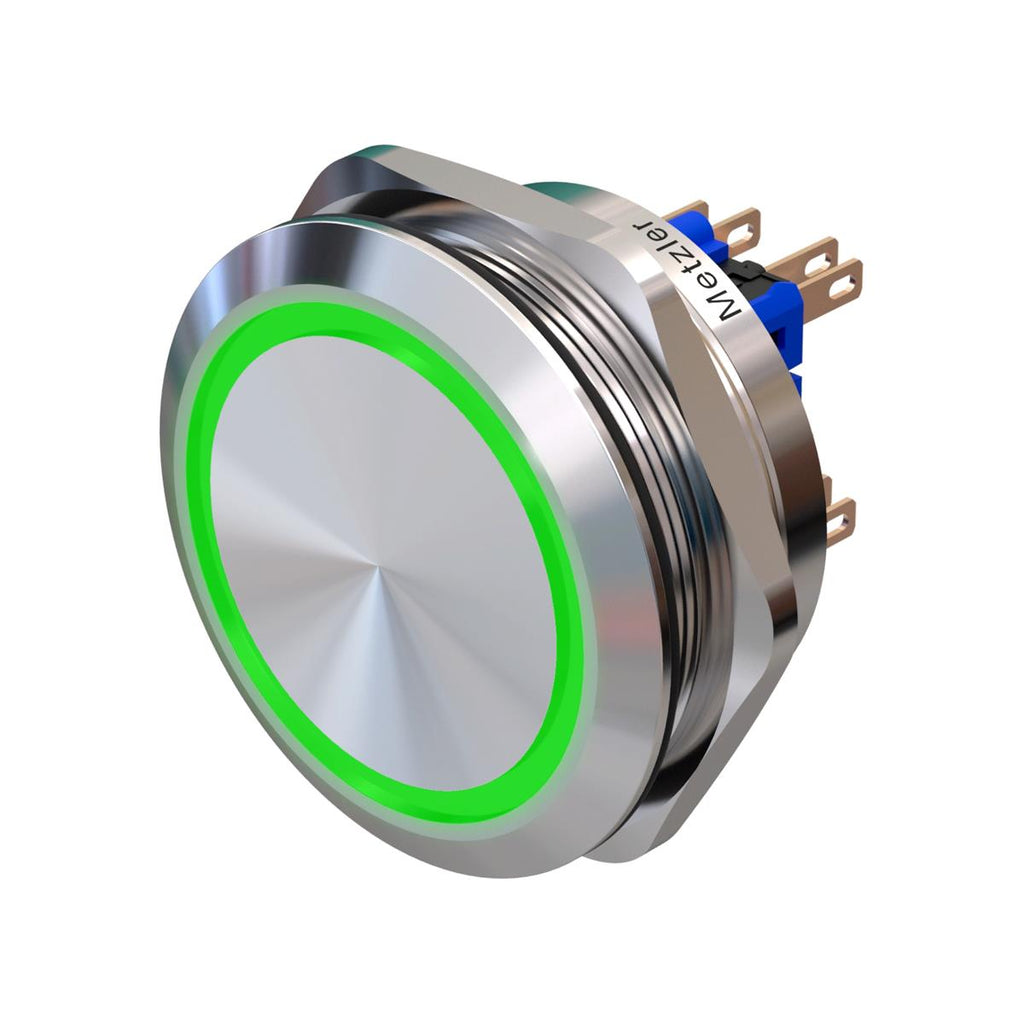 Metzler - Drucktaster 40mm - LED Ringbeleuchtung Grün - IP67 IK10 - Edelstahl - 2-polig - Flach - Lötkontakte