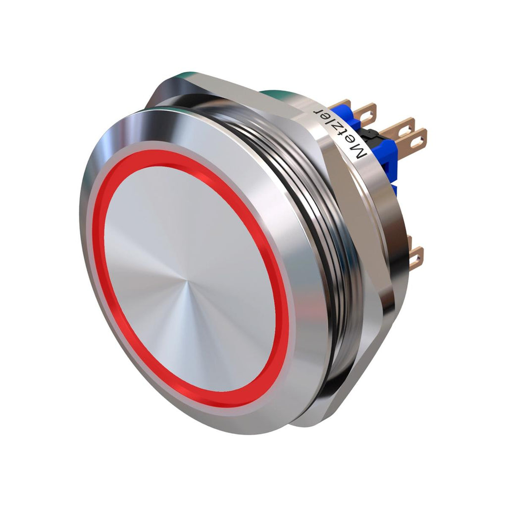 Metzler - Drucktaster 40mm - LED Ringbeleuchtung Rot - IP67 IK10 - Edelstahl - 2-polig - Flach - Lötkontakte