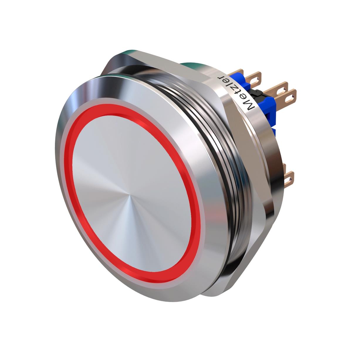 Metzler - Drucktaster 40mm - LED Ringbeleuchtung Rot - IP67 IK10 - Edelstahl - 2-polig - Flach - Lötkontakte