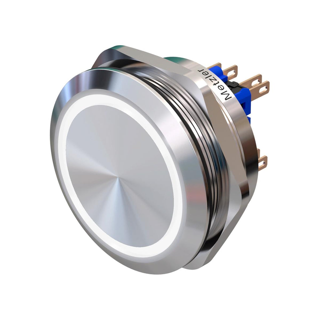 Metzler - Drucktaster 40mm - LED Ringbeleuchtung Weiß - IP67 IK10 - Edelstahl - 2-polig - Flach - Lötkontakte