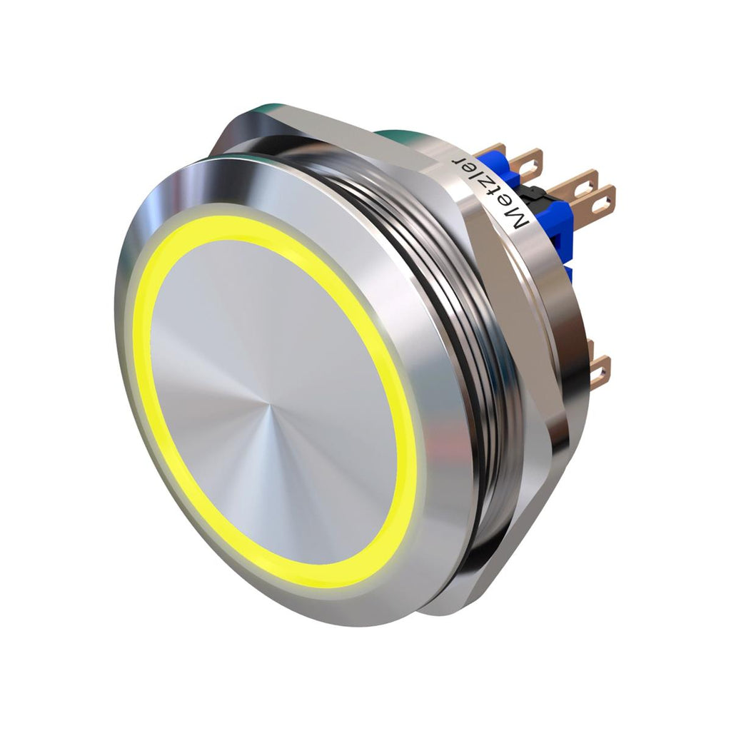 Metzler - Drucktaster 40mm - LED Ringbeleuchtung Gelb - IP67 IK10 - Edelstahl - 2-polig - Flach - Lötkontakte
