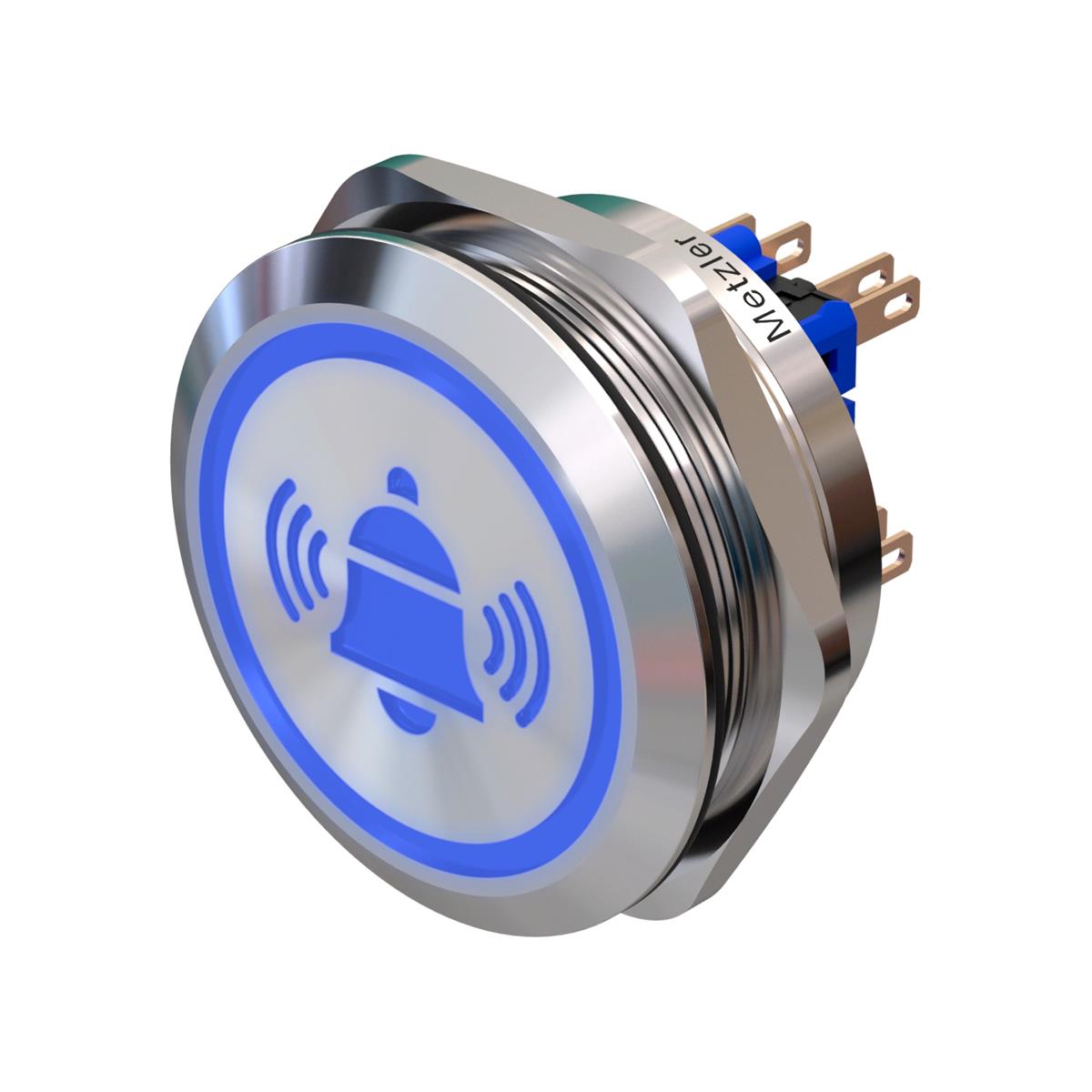 Metzler - Drucktaster 40mm - LED Symbol Glocke Blau - IP67 IK10 - Edelstahl - 2-polig - Flach - Lötkontakte