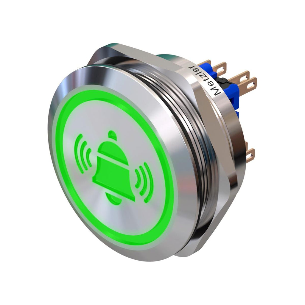 Metzler - Drucktaster 40mm - LED Symbol Glocke Grün - IP67 IK10 - Edelstahl - 2-polig - Flach - Lötkontakte