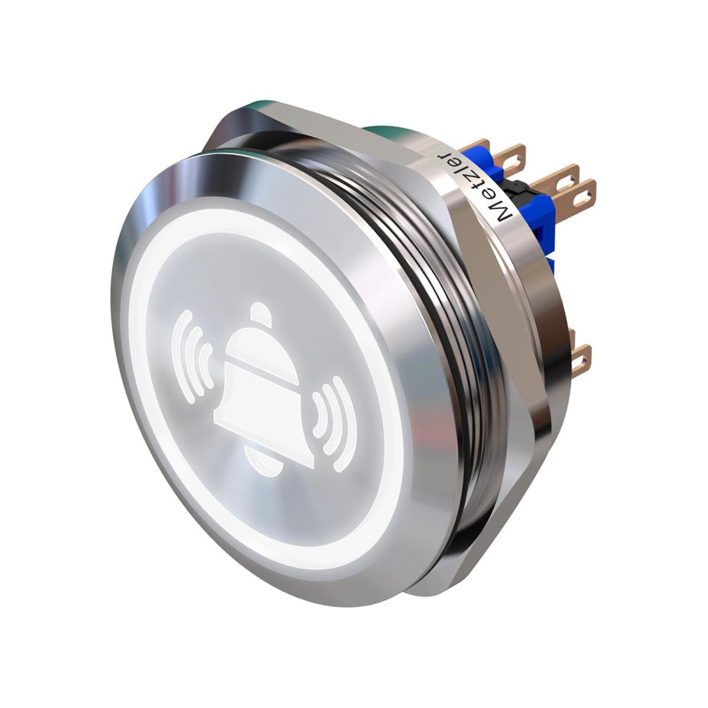 Metzler - Drucktaster 40mm - LED Symbol Glocke Weiß - IP67 IK10 - Edelstahl - 2-polig - Flach - Lötkontakte