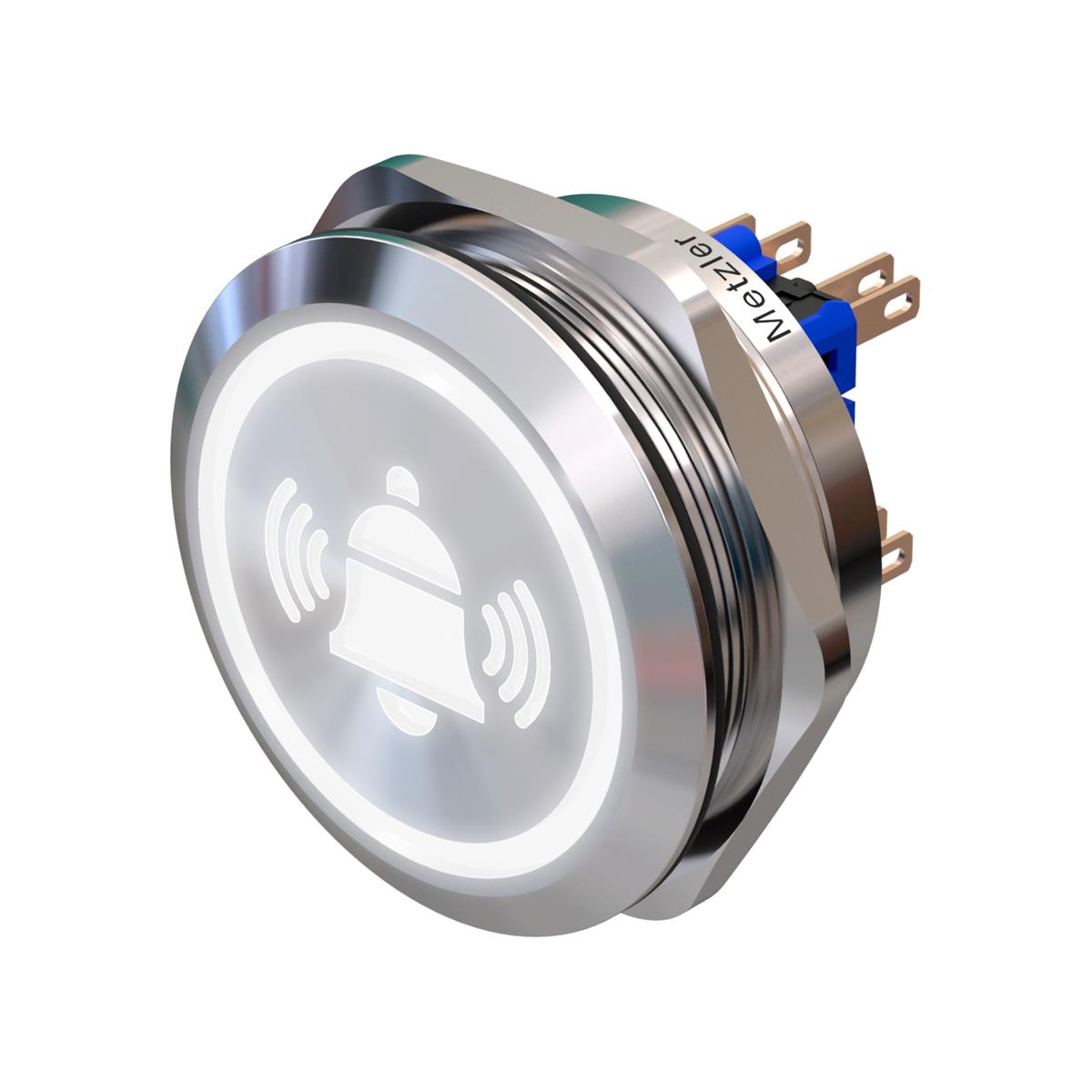 Metzler - Drucktaster 40mm - LED Symbol Glocke Weiß - IP67 IK10 - Edelstahl - 2-polig - Flach - Lötkontakte