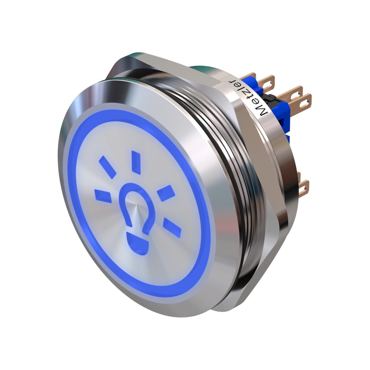 Metzler - Drucktaster 40mm - LED Symbol Licht Blau - IP67 IK10 - Edelstahl - 2-polig - Flach - Lötkontakte