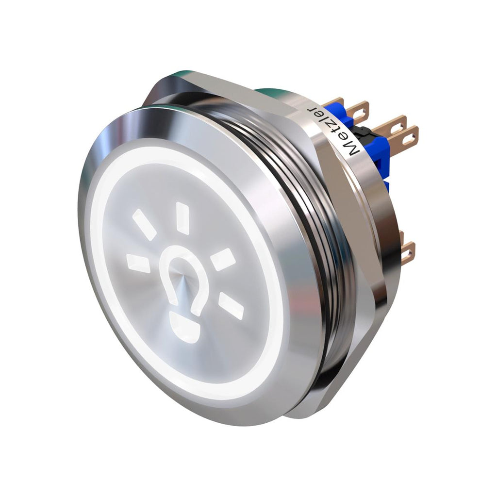 Metzler - Drucktaster 40mm - LED Symbol Licht Weiß - IP67 IK10 - Edelstahl - 2-polig - Flach - Lötkontakte