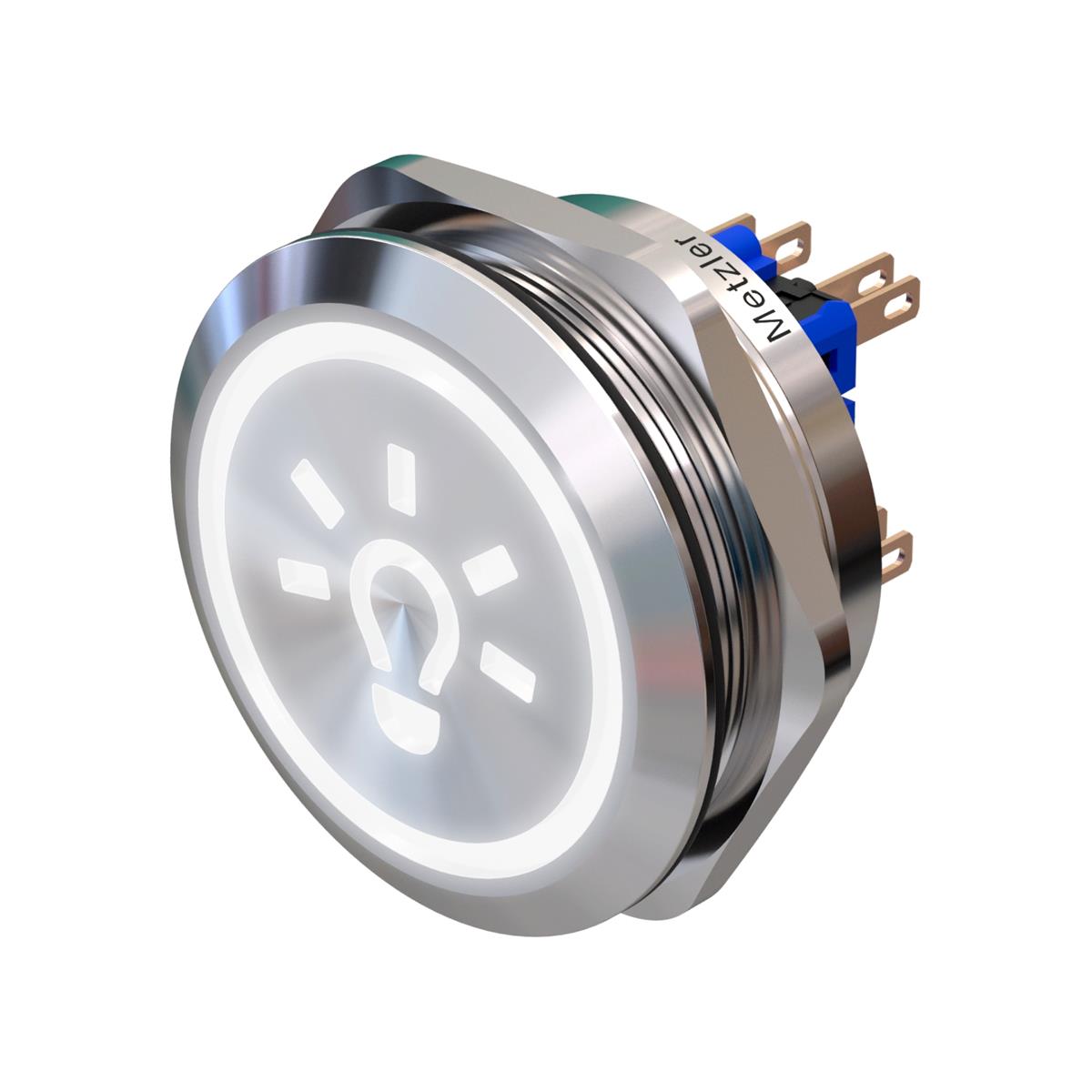 Metzler - Drucktaster 40mm - LED Symbol Licht Weiß - IP67 IK10 - Edelstahl - 2-polig - Flach - Lötkontakte