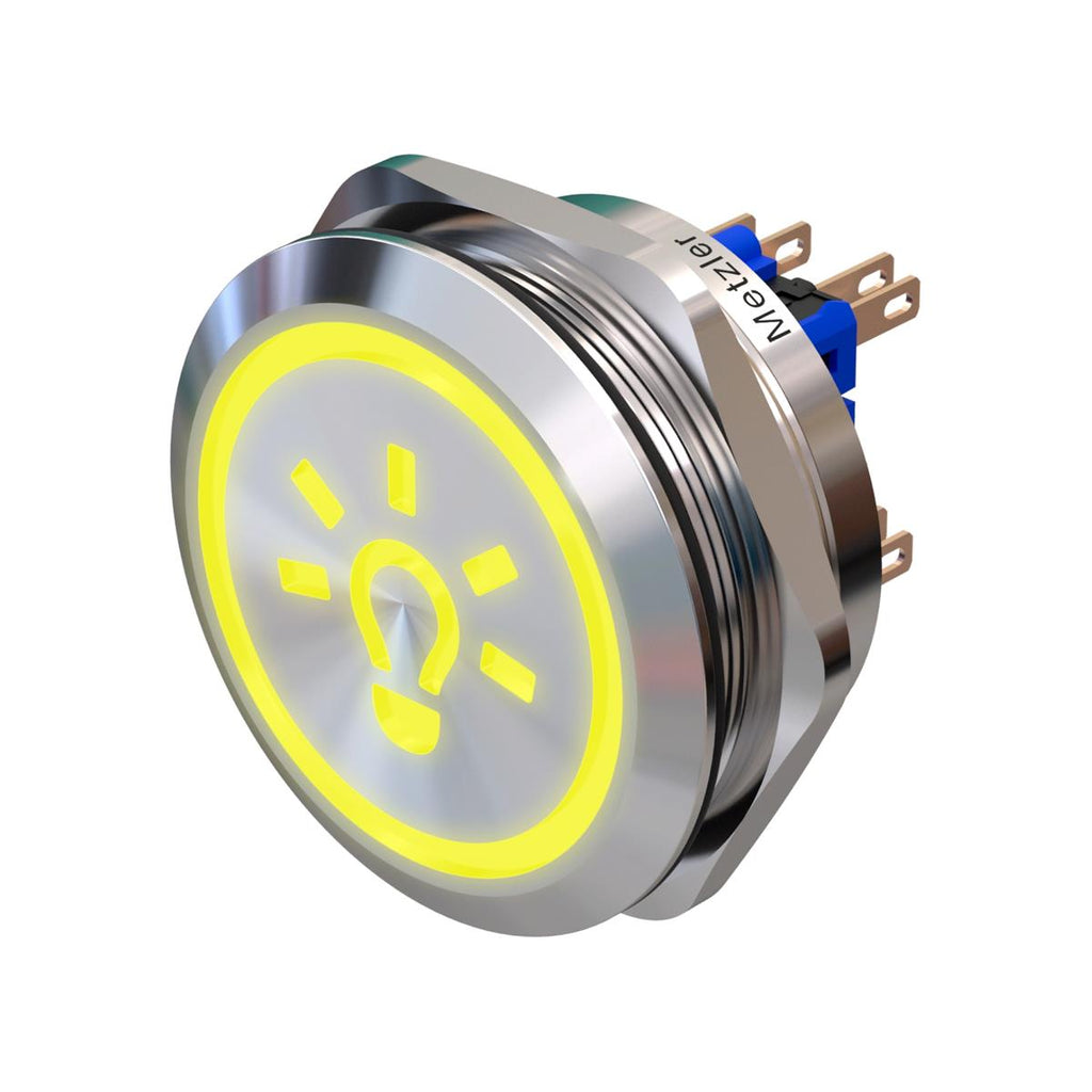 Metzler - Drucktaster 40mm - LED Symbol Licht Gelb - IP67 IK10 - Edelstahl - 2-polig - Flach - Lötkontakte