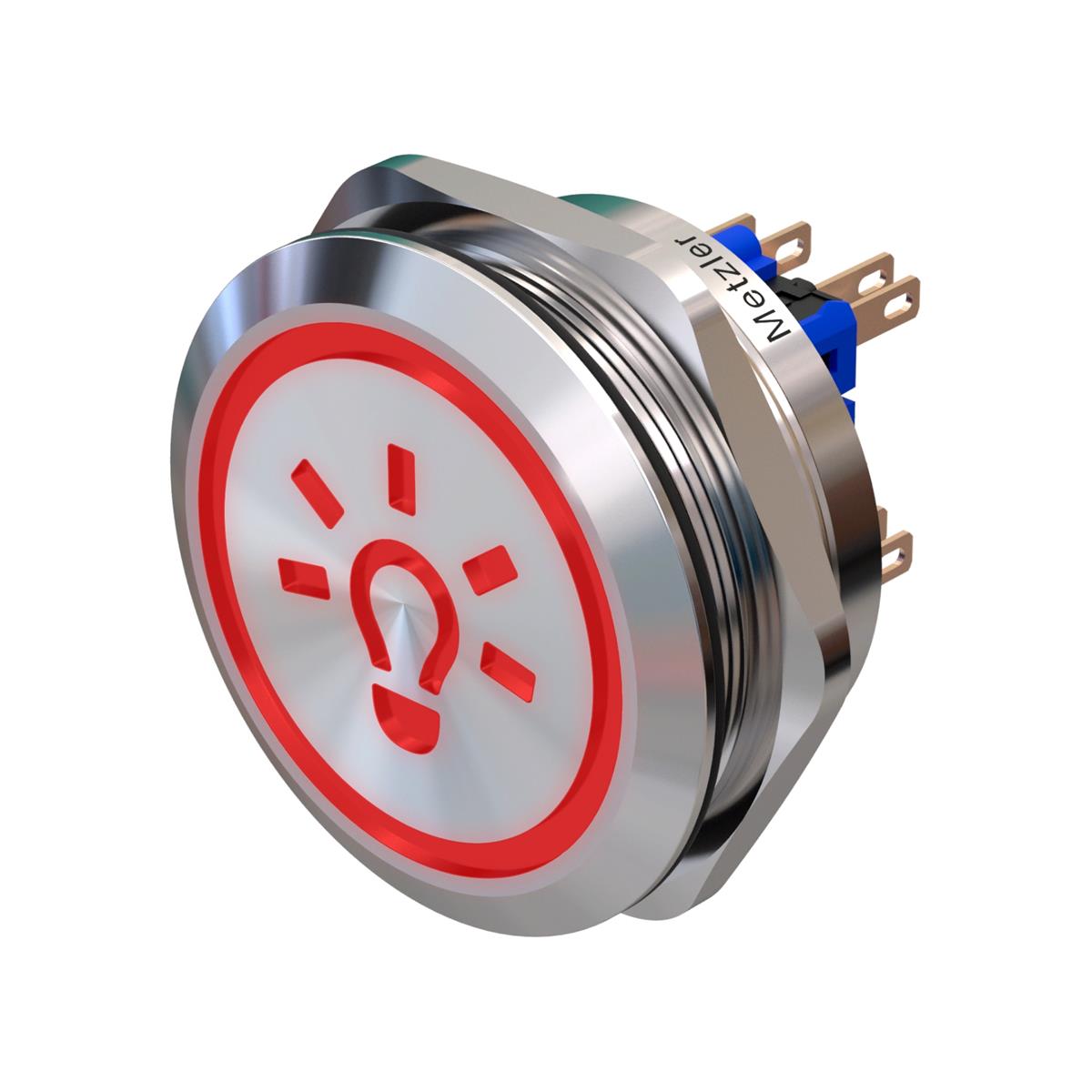 Metzler - Drucktaster 40mm - LED Symbol Licht Rot - IP67 IK10 - Edelstahl - 2-polig - Flach - Lötkontakte