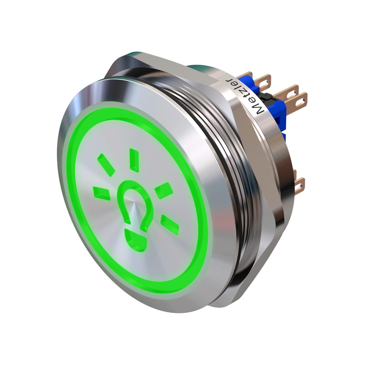 Metzler - Drucktaster 40mm - LED Symbol Licht Grün - IP67 IK10 - Edelstahl - 2-polig - Flach - Lötkontakte