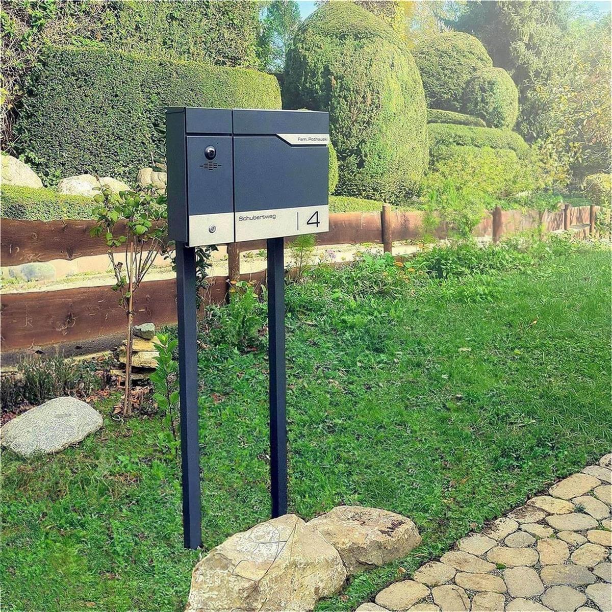 Metzler Standbriefkasten rostfrei und massiv, RAL7016 Anthrazitgrau mit Videosprechanlage VDM10 2.0, Modell Siebert