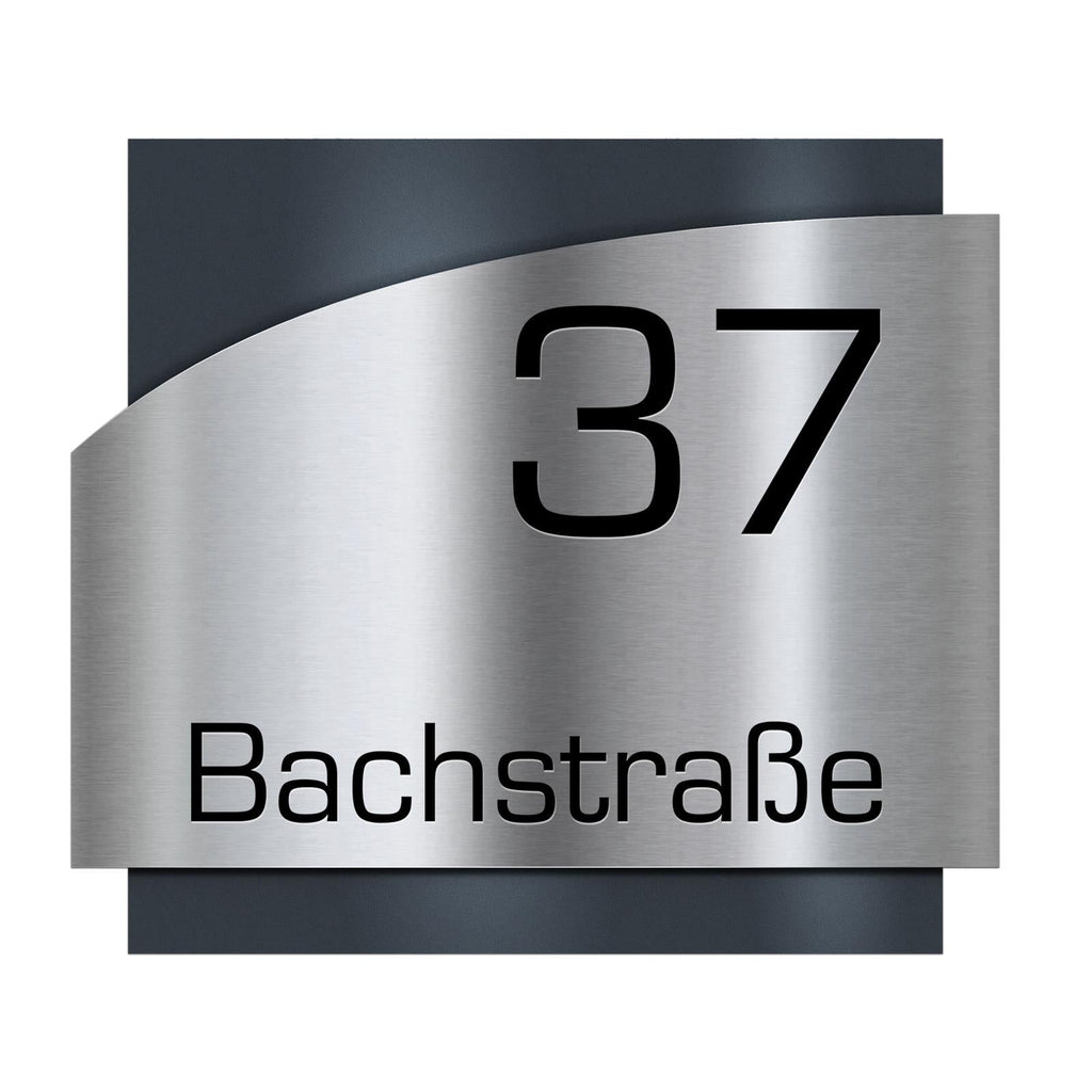 Metzler Edelstahl Hausnummernschild mit Straße | Anthrazit RAL 7016 | Falko 2
