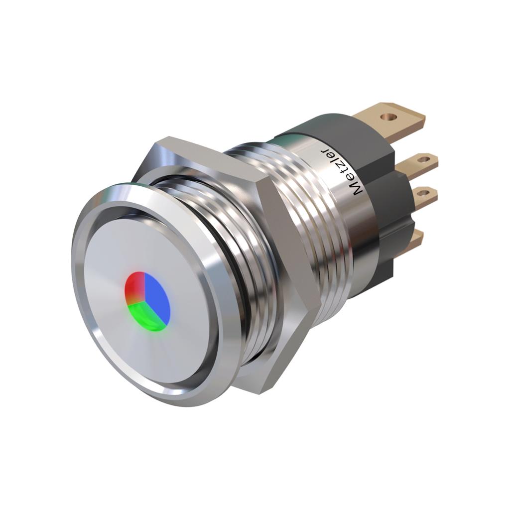 Metzler - Drucktaster 16mm - LED Punktbeleuchtung RGB - IP67 IK10 - 15A - Edelstahl - Flach - Lötkontakte