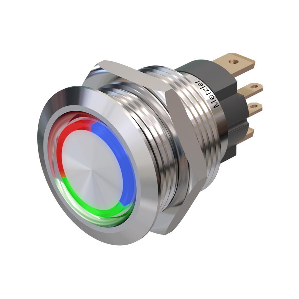 Metzler - Drucktaster 19mm - LED Ringbeleuchtung RGB - IP67 IK10 - 15A - Edelstahl - Flach - Lötkontakte