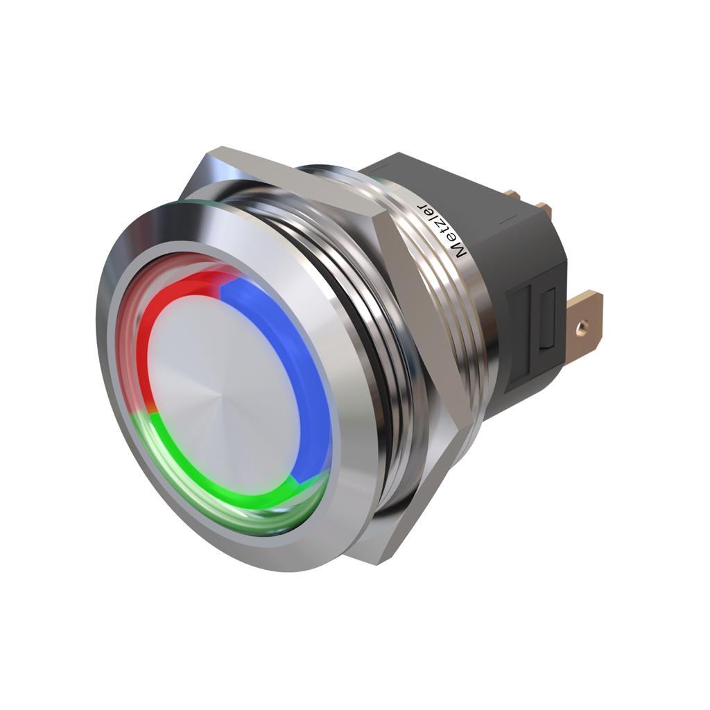 Metzler - Drucktaster 25mm - LED Ringbeleuchtung RGB - IP67 IK10 - 15A - Edelstahl - Flach - Lötkontakte
