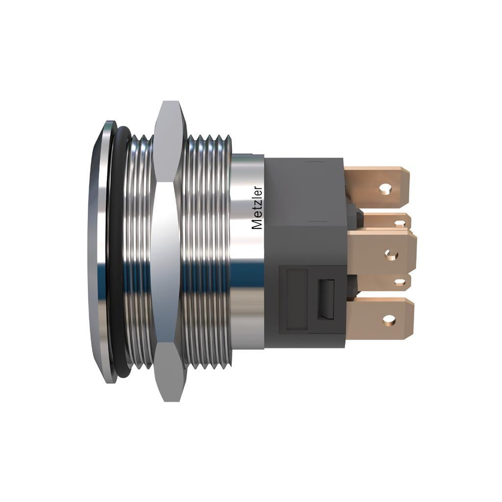 Metzler - Drucktaster 25mm - LED Ringbeleuchtung RGB - IP67 IK10 - 15A - Edelstahl - 2-polig - Flach - Lötkontakte