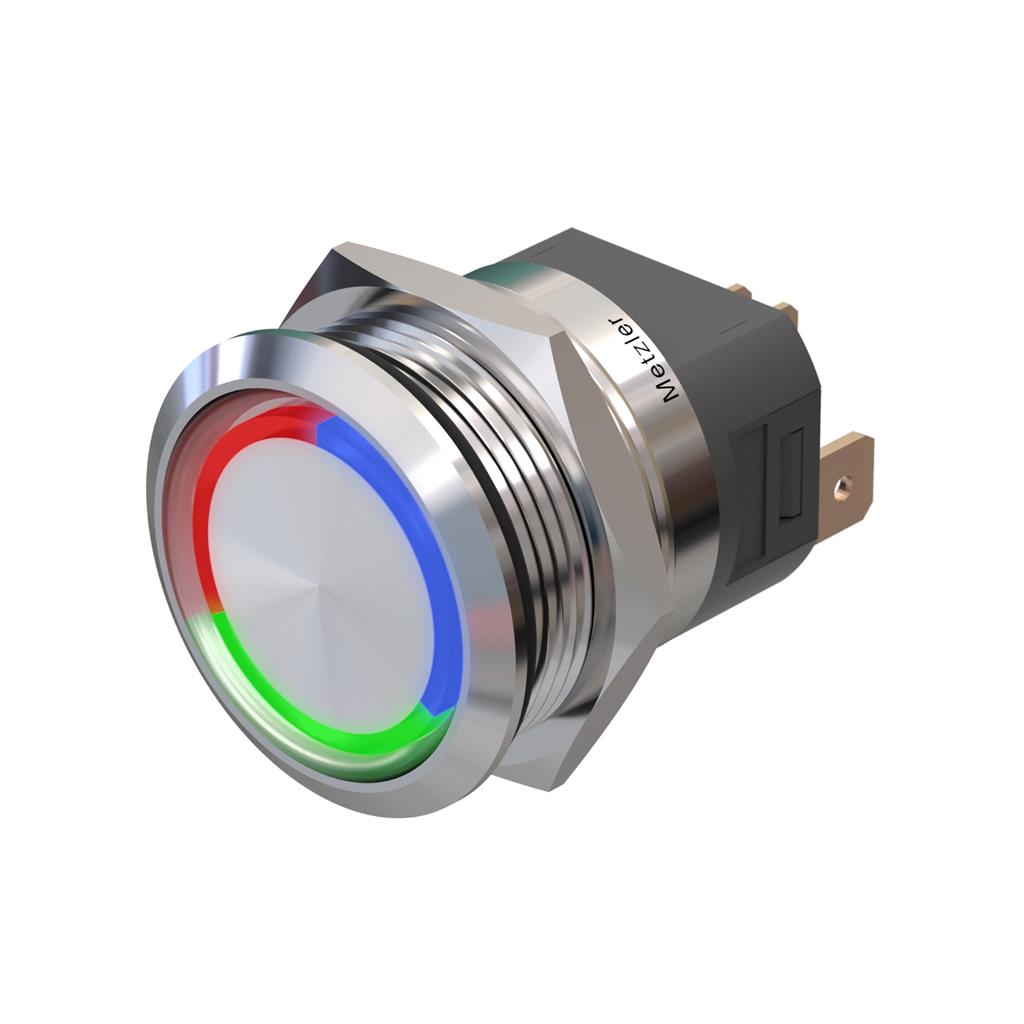 Metzler - Druckschalter 22mm - LED Ringbeleuchtung RGB - IP67 IK10 - 15A - Edelstahl - Flach - Lötkontakte