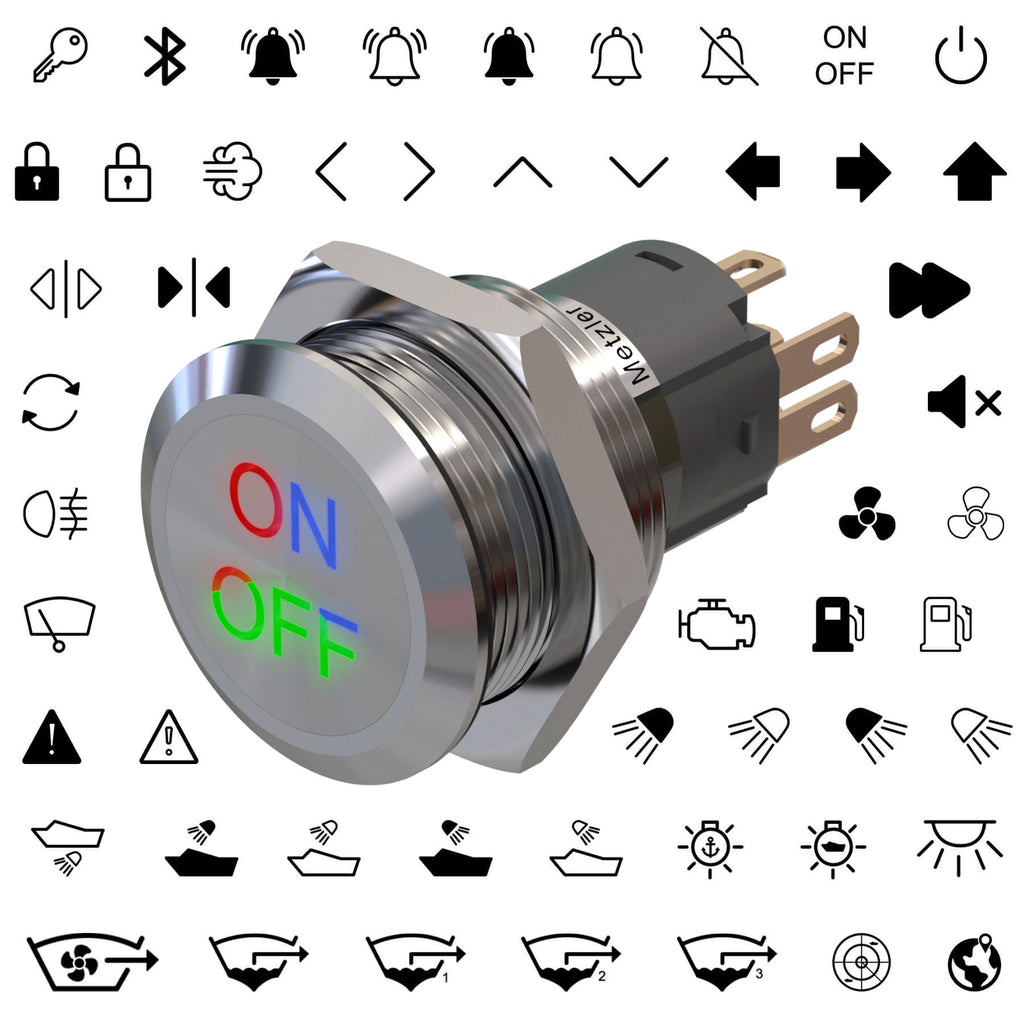 Metzler - Druckschalter 19mm - LED Symbolbeleuchtung RGB - IP67 IK10 - Edelstahl - Flach - Lötkontakte - Wunschsymbol