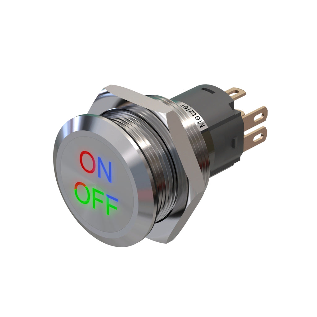 Metzler - Druckschalter 19mm - LED Symbolbeleuchtung RGB - IP67 IK10 - Edelstahl - Flach - Lötkontakte - Wunschsymbol