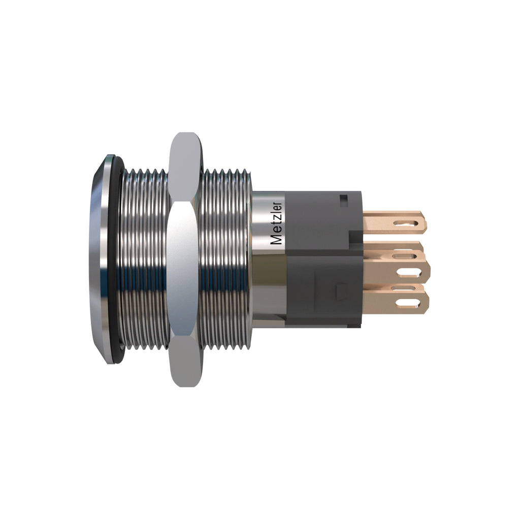 Metzler - Druckschalter 19mm - LED Symbolbeleuchtung RGB - IP67 IK10 - Edelstahl - Flach - Lötkontakte - Wunschsymbol