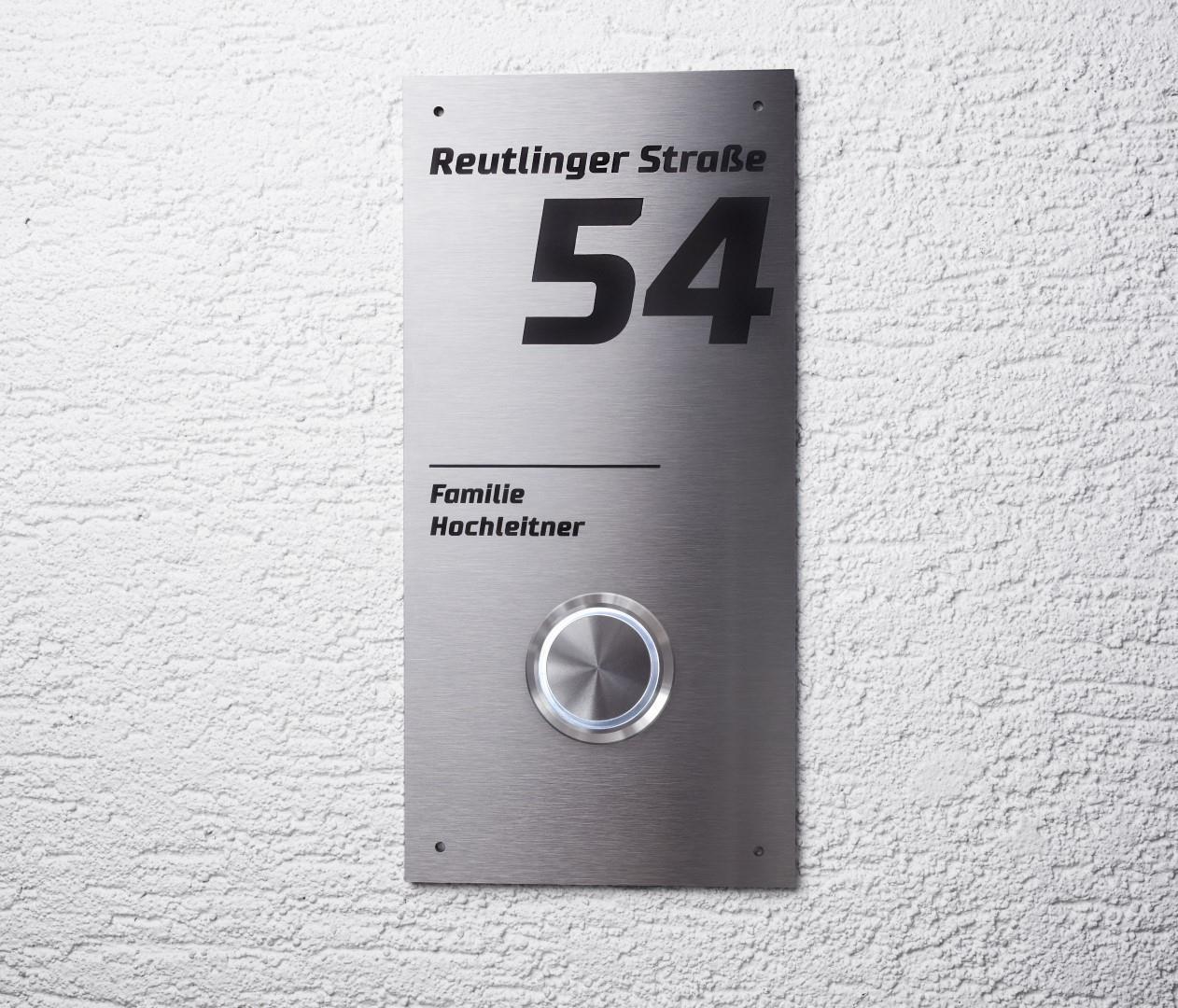 Klingelschild aus Edelstahl - mit Hausnummer und XXL Taster