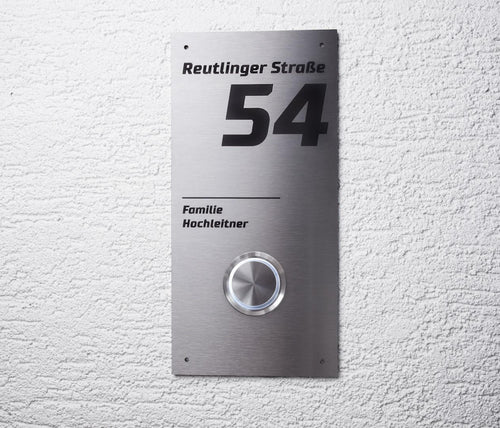 Klingelschild aus Edelstahl - mit Hausnummer und XXL Taster